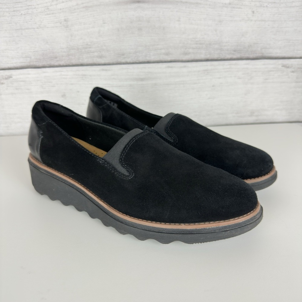 Clarks Collection Loafers Sharon Dolly Black Suede Womens Size 9 Comfort Preppy‎